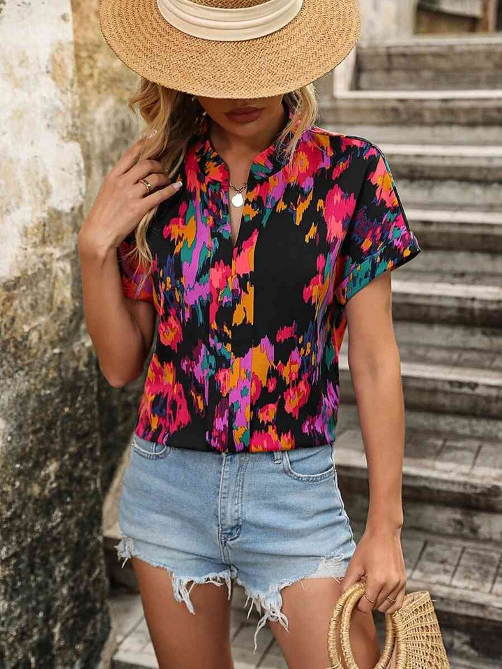 Printed Notched Neck Short Sleeve Blouse | 1mrk.com