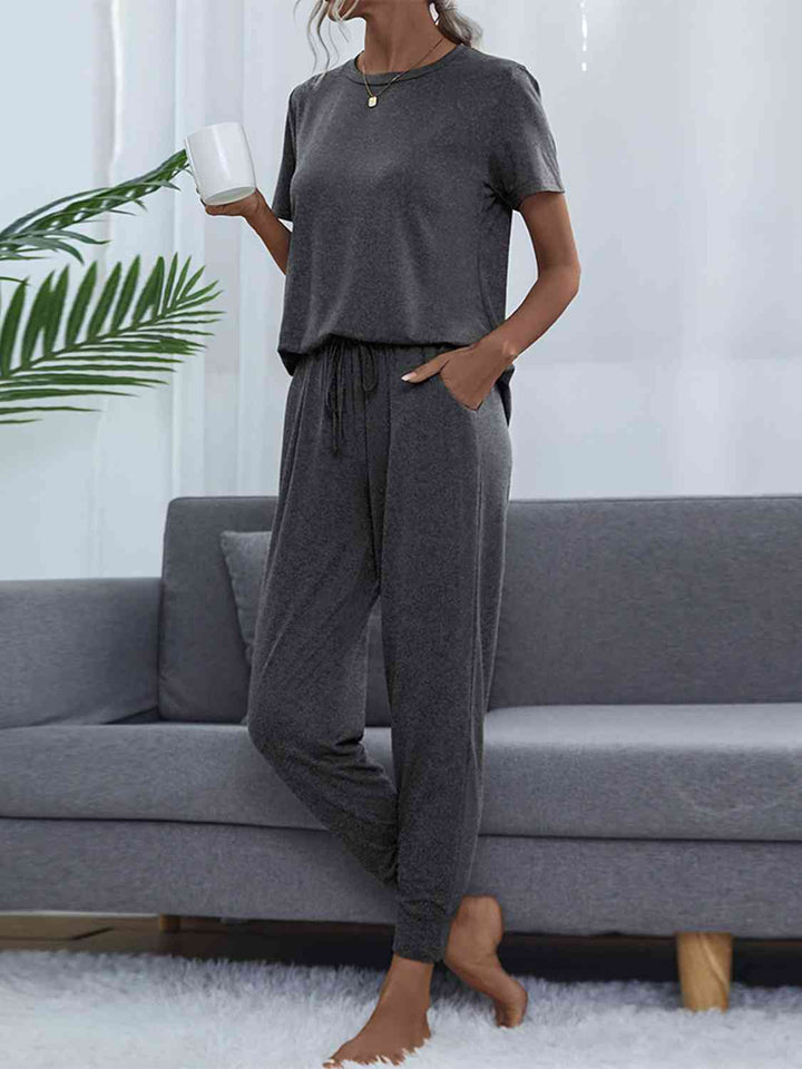 Round Neck Short Sleeve Top and Pants Set | 1mrk.com