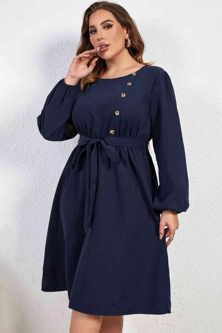 Melo Apparel Plus Size Buttoned Tie Belt Round Neck Long Sleeve Dress |1mrk.com