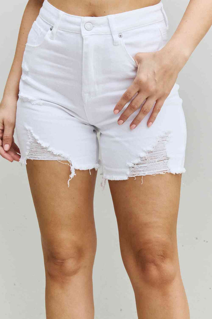 RISEN Ella Full Size High Waisted Distressed Thigh Shorts | 1mrk.com