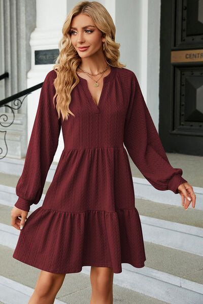 Ruched Notched Long Sleeve Mini Dress | Trendsi