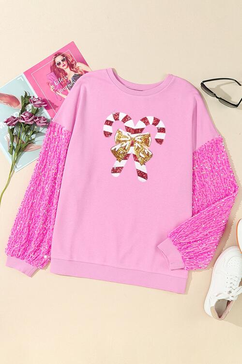 Candy Cane Sequin Long Sleeve Sweatshirt |1mrk.com