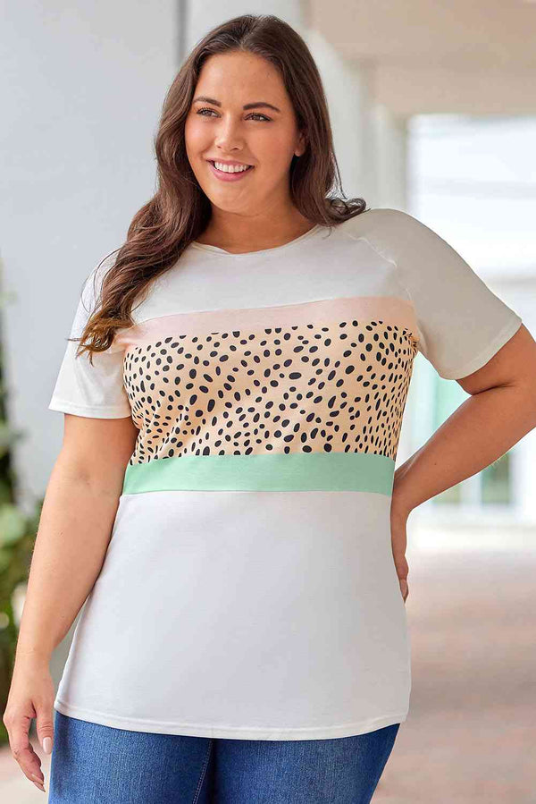 Plus Size Printed Contrast Round Neck Tee Shirt | 1mrk.com