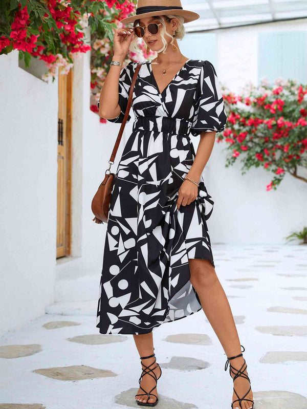 Printed Surplice Balloon Sleeve Dress |1mrk.com