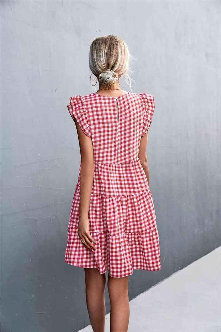 Gingham Ruffle Shoulder Tiered Dress |1mrk.com