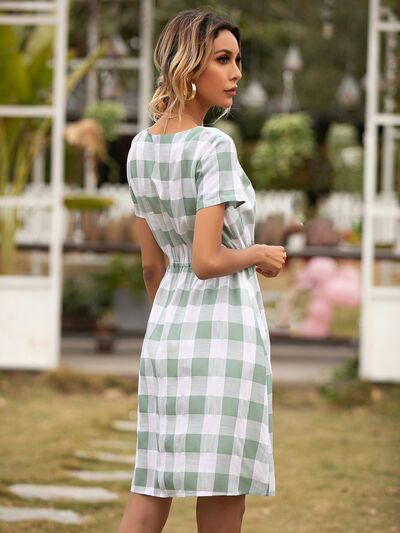 Smocked Plaid Round Neck Short Sleeve Dress | Trendsi