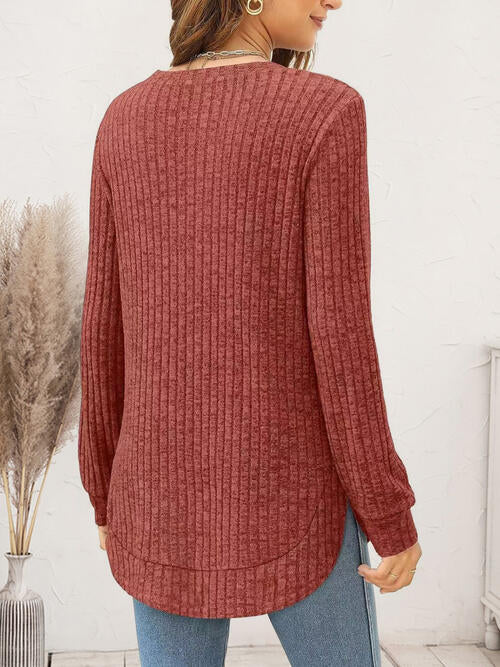 Ribbed Round Neck Long Sleeve T-Shirt | 1mrk.com