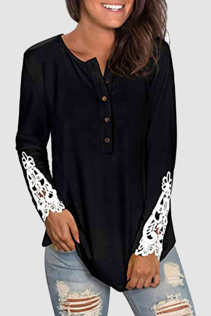 Lace Detail Button Front T-Shirt | 1mrk.com