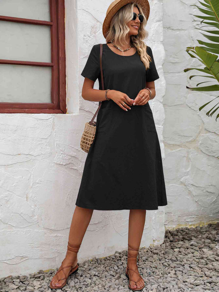 Round Neck Short Sleeve Dress with Pockets |1mrk.com