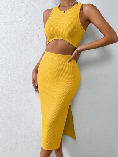 Ribbed Round Neck Tank and Slit Skirt Sweater Set |1mrk.com