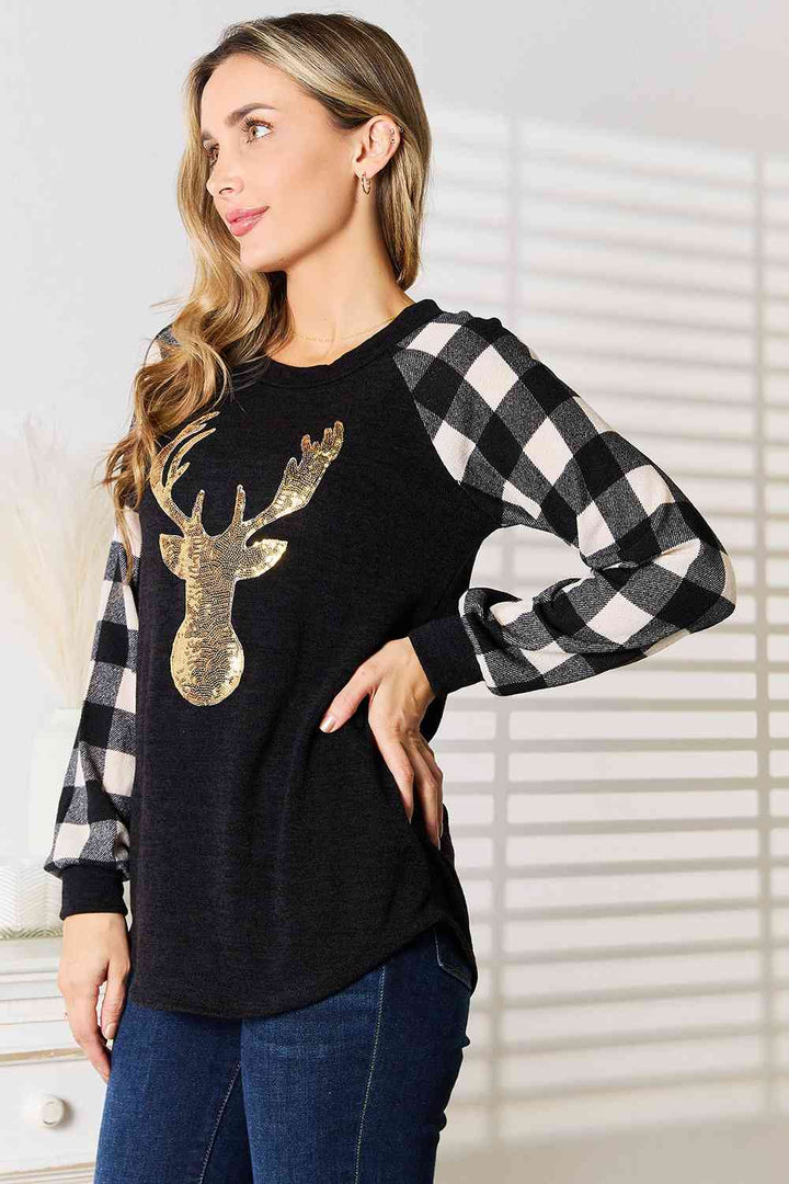 Heimish Full Size Sequin Reindeer Graphic Plaid Top | 1mrk.com