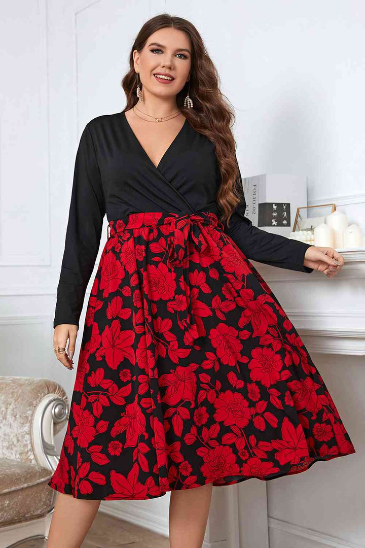 Plus Size Floral Surplice Neck Long Sleeve Dress |1mrk.com