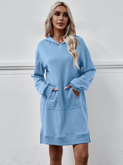 Slit Long Sleeve Hooded Dress with Pocket | 1mrk.com