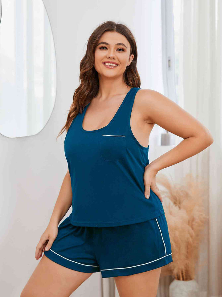 Plus Size Contrast Piping Racerback Tank and Shorts Lounge Set | 1mrk.com