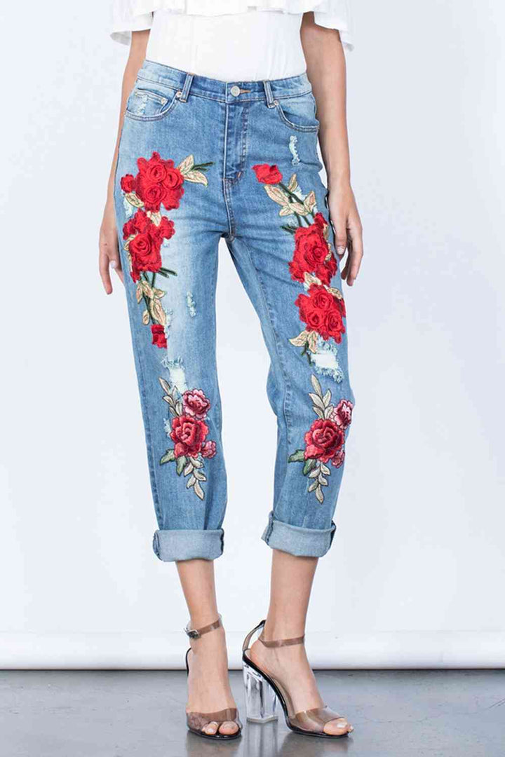 Full Size Flower Embroidery Buttoned Jeans | 1mrk.com