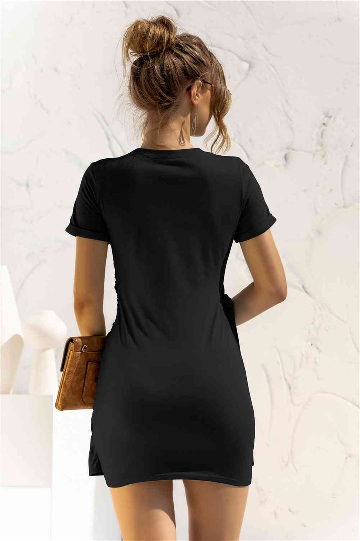 Round Neck Cuffed Sleeve Side Tie Dress |1mrk.com