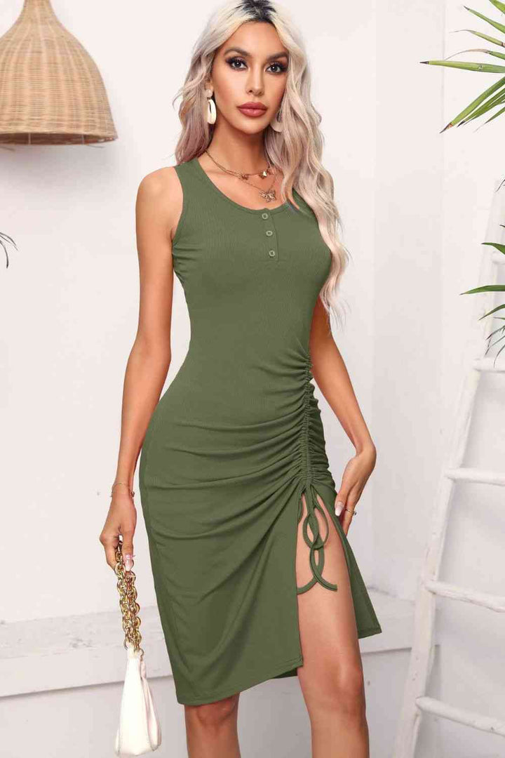 Drawstring Ruched Slit Sleeveless Dress |1mrk.com