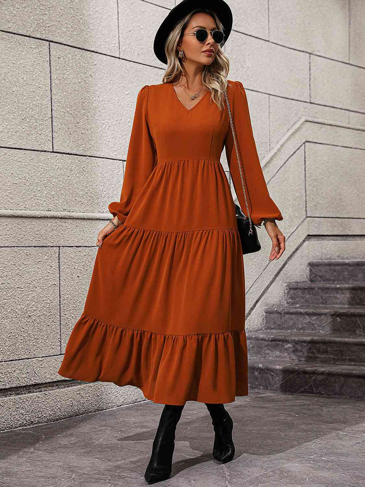 V-Neck Long Sleeve Tiered Dress |1mrk.com