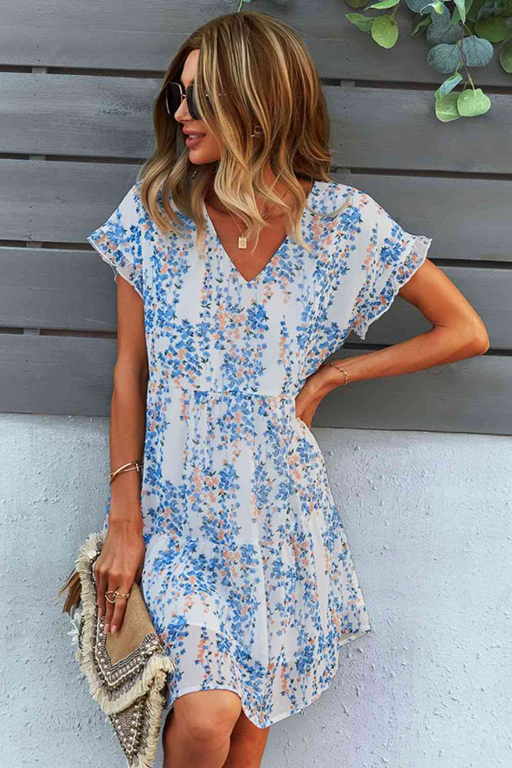 Printed V-Neck Short Sleeve Tiered Dress |1mrk.com