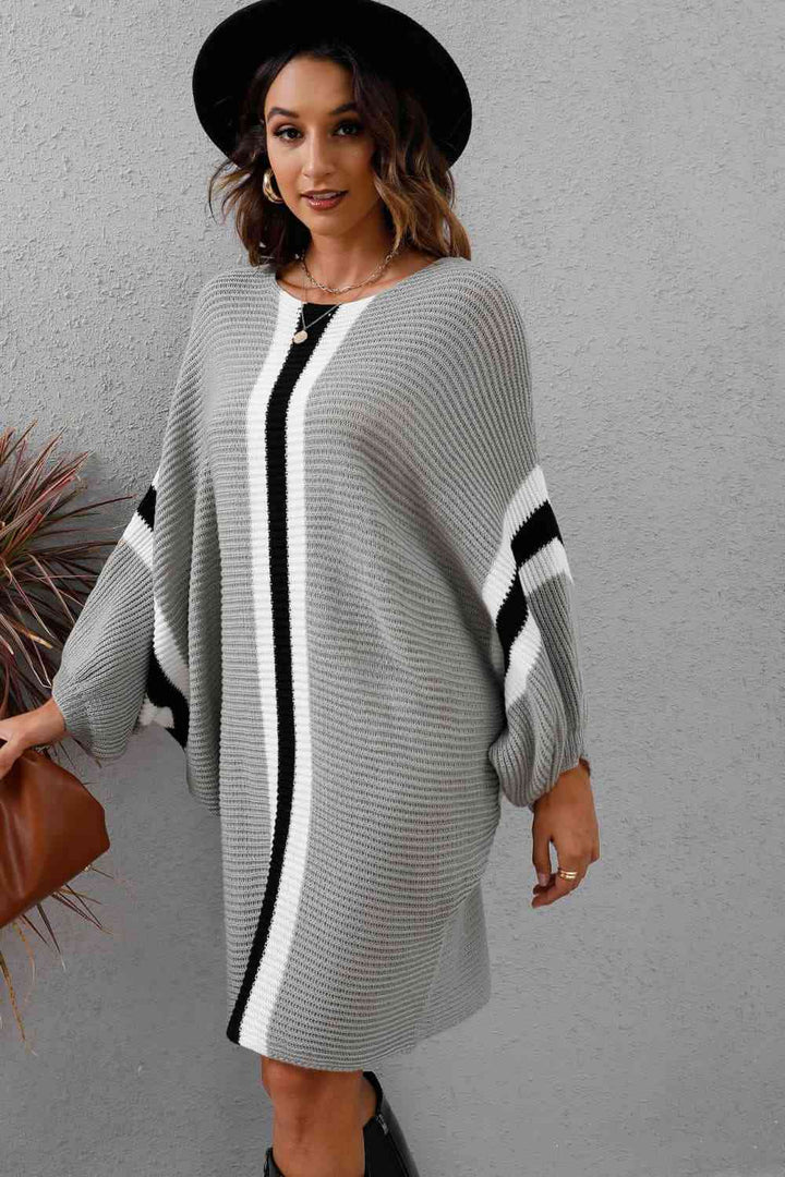 Ribbed Round Neck Long Sleeve Sweater Dress | 1mrk.com