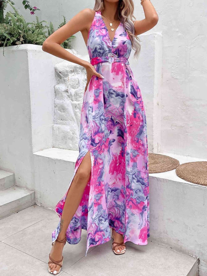 Printed Open Back Slit Sleeveless Dress |1mrk.com