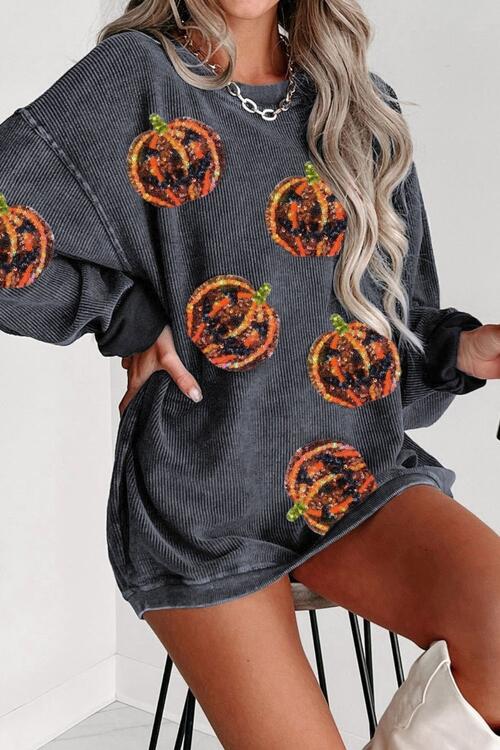 Sequin Patch Pumpkin Round Neck Sweatshirt |1mrk.com