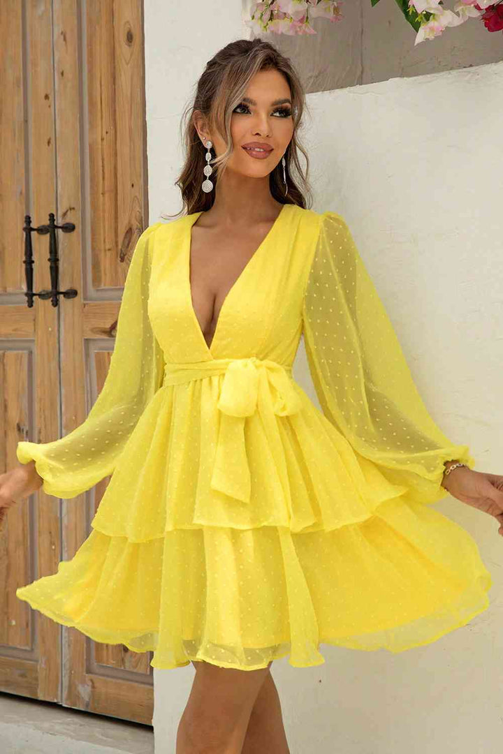 Tie Waist Balloon Sleeve Layered Dress |1mrk.com