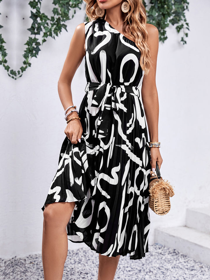 Printed Single Shoulder Tie Waist Dress | Trendsi