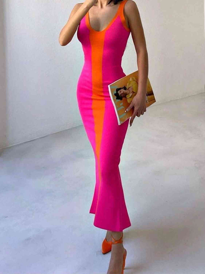 Contrast Wide Strap Slit Midi Dress |1mrk.com