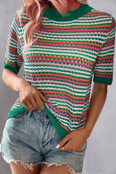 Openwork Striped Short Sleeve Knit Top |1mrk.com