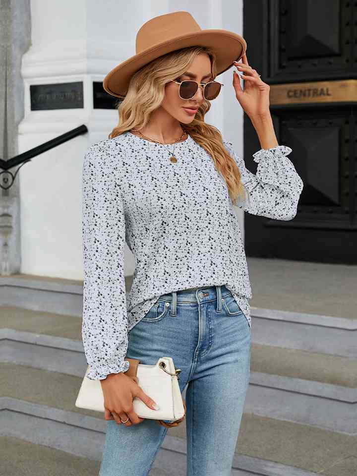 Printed Round Neck Flounce Sleeve Blouse | 1mrk.com