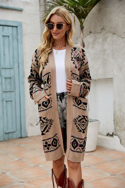 Pocketed Geometric Open Front Dropped Shoulder Cardigan |1mrk.com