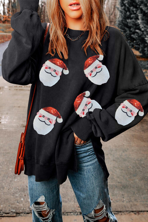 Sequin Santa Round Neck Slit Sweatshirt |1mrk.com