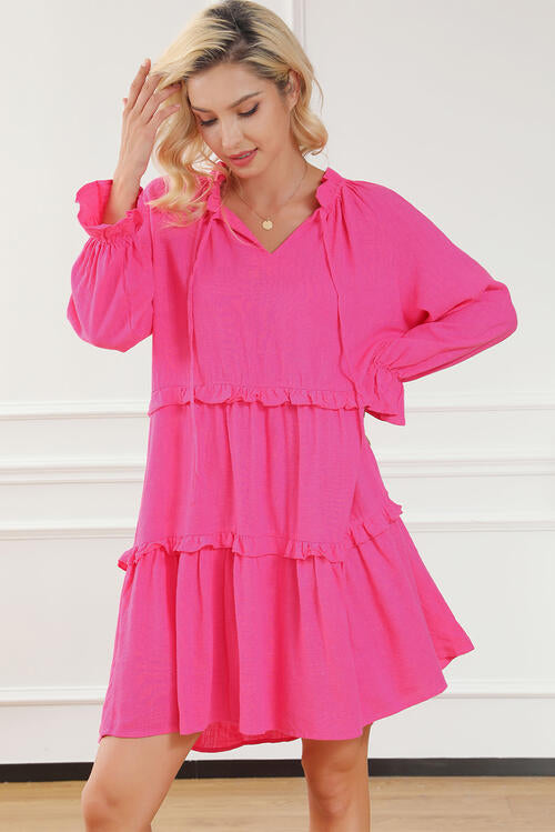 Tie Neck Flounce Sleeve Tiered Dress |1mrk.com