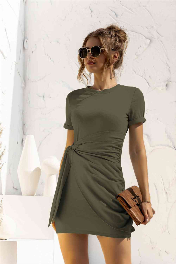 Round Neck Cuffed Sleeve Side Tie Dress |1mrk.com