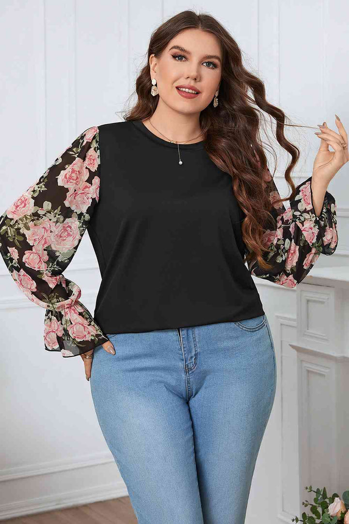 Plus Size Floral Flounce Sleeve Blouse | 1mrk.com