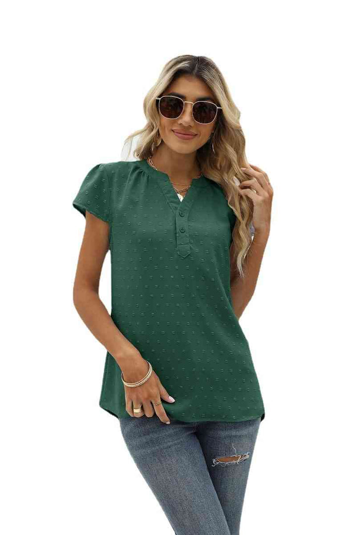 Swiss Dot Notched Neck Short Sleeve Top | 1mrk.com