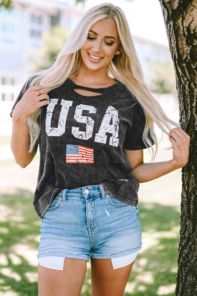 USA Cutout Round Neck Short Sleeve T-Shirt | Trendsi