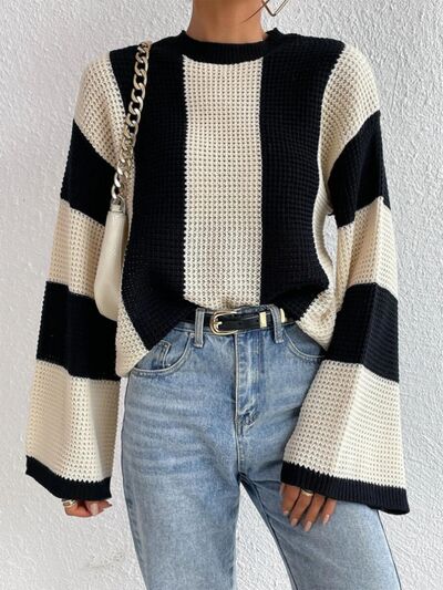 Striped Mock Neck Long Sleeve Sweater | Trendsi