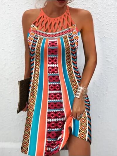 Printed Grecian Neck Mini Dress |1mrk.com