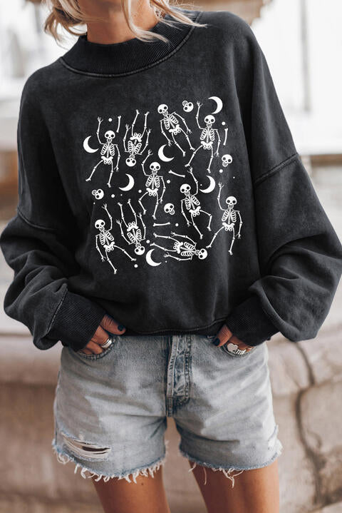 Skeleton Graphic Round Neck Long Sleeve Sweatshirt |1mrk.com