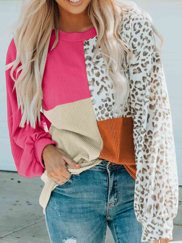 Color Block Leopard Round Neck Sweatshirt | 1mrk.com