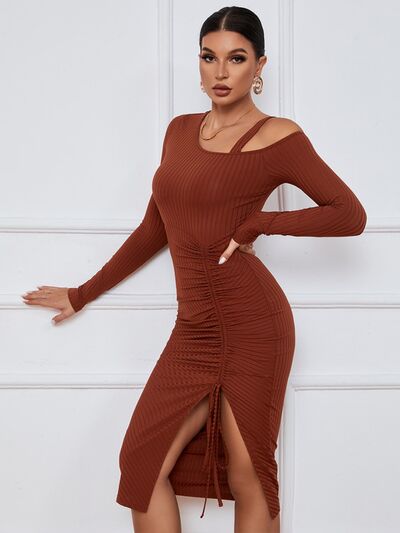 Ribbed Ruched Drawstring Wrap Dress | 1mrk.com