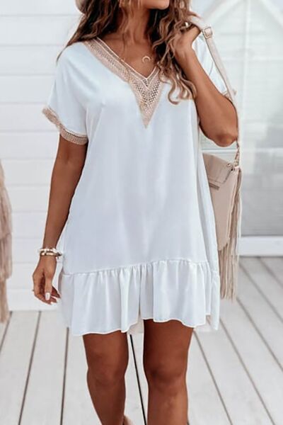 Openwork V-Neck Short Sleeve Mini Dress |1mrk.com