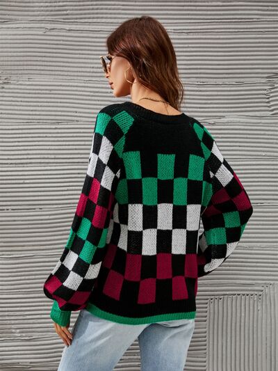 Checkered V-Neck Lantern Sleeve Sweater |1mrk.com