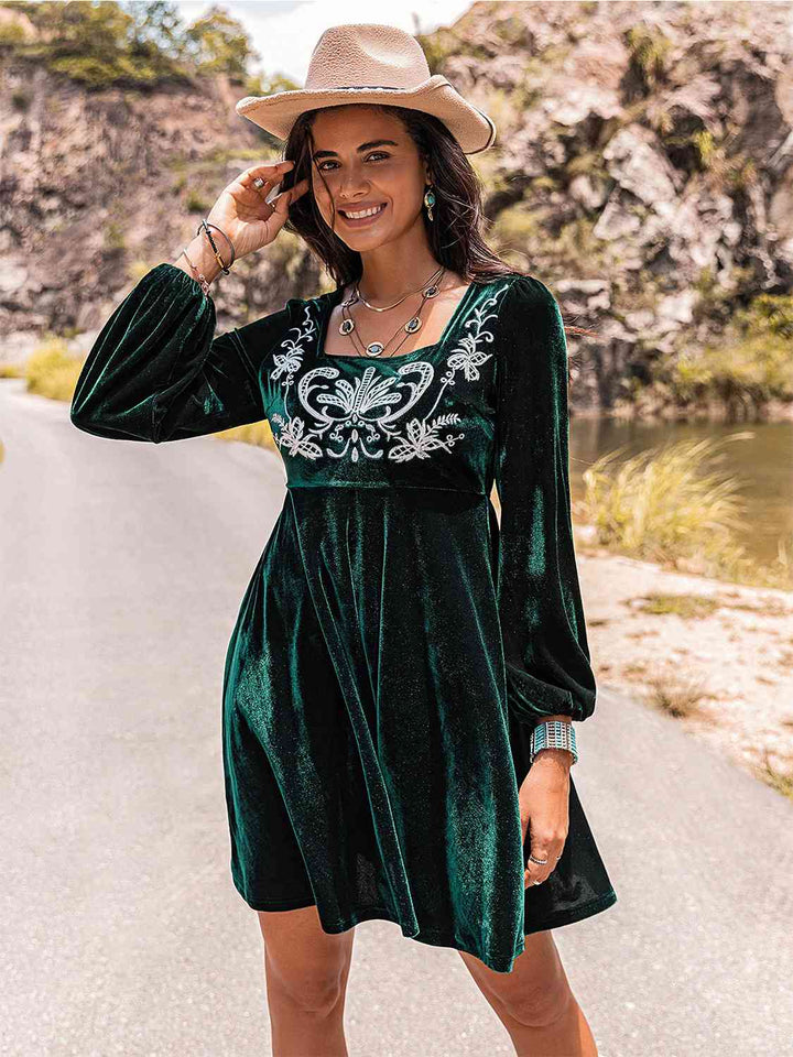 Embroidered Square Neck Long Sleeve Dress | 1mrk.com