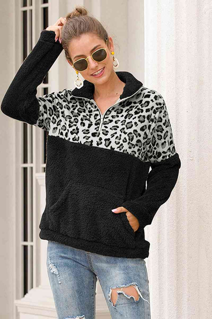 Two-Tone Zip-Up Turtle Neck Dropped Shoulder Sweatshirt |1mrk.com