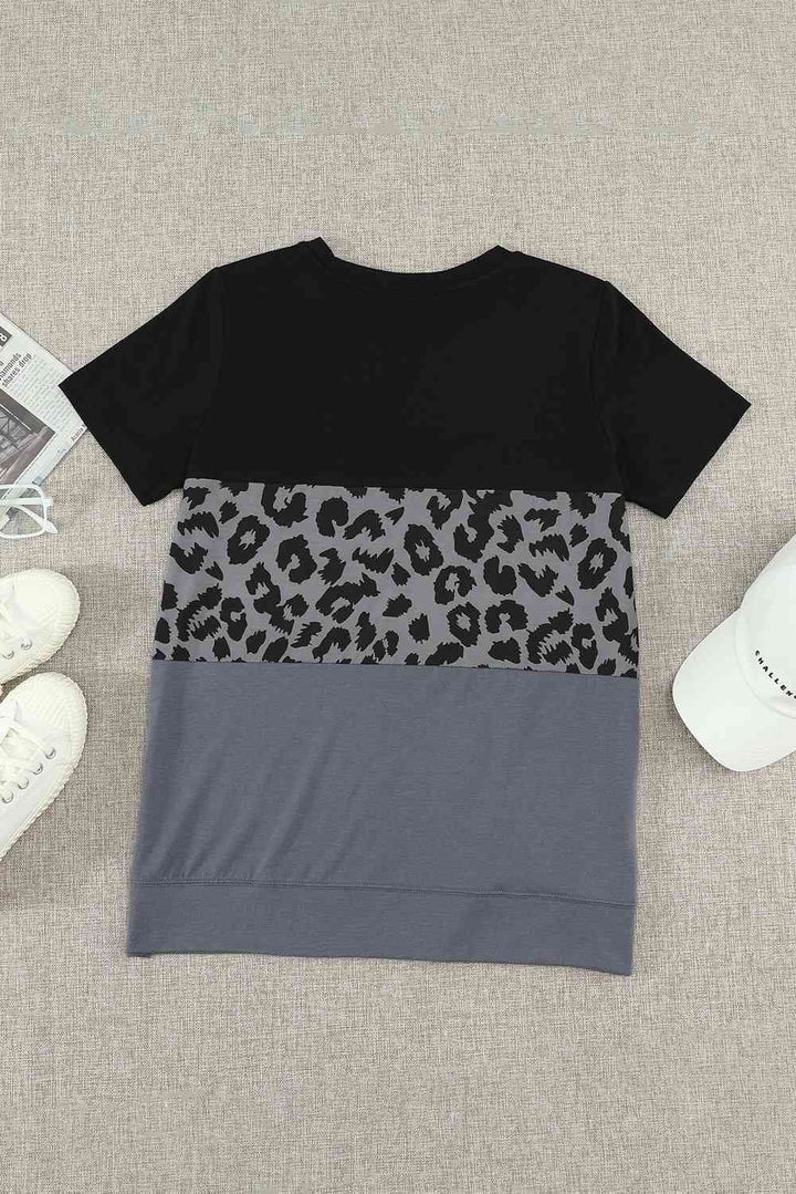 Leopard Print Color Block Short Sleeve T-Shirt | 1mrk.com