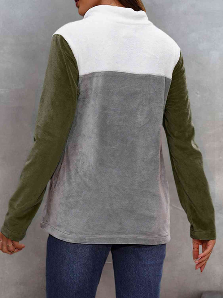 Color Block Collared Sweatshirt with Pockets |1mrk.com