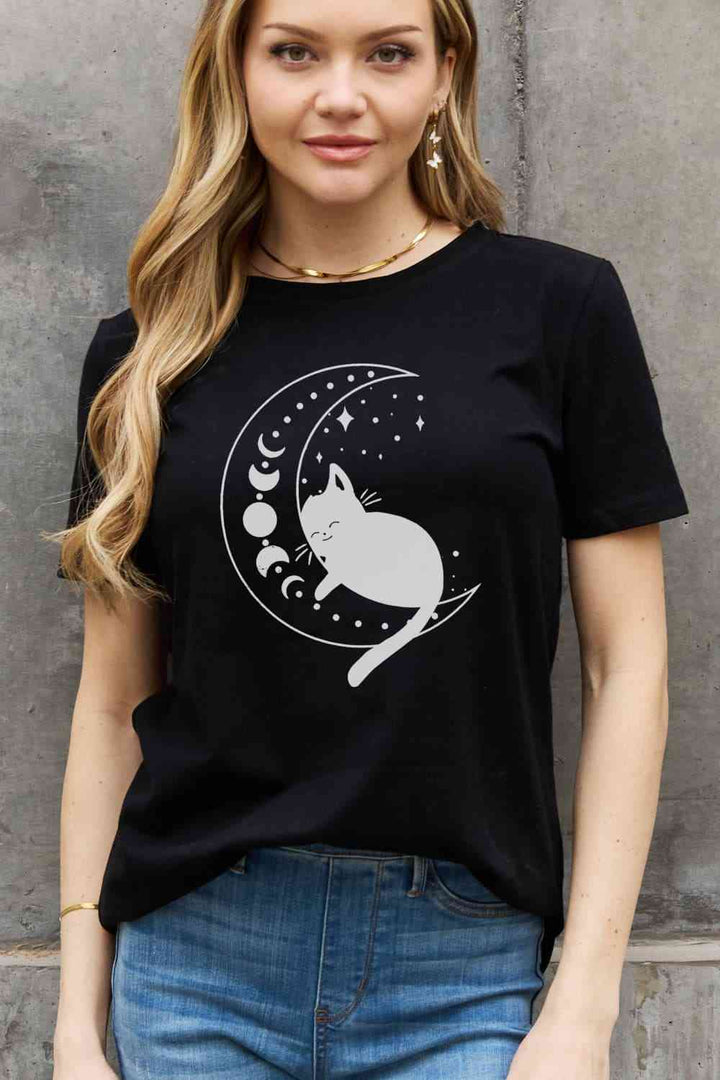 Simply Love Full Size Cat Moon Graphic Cotton Tee | 1mrk.com